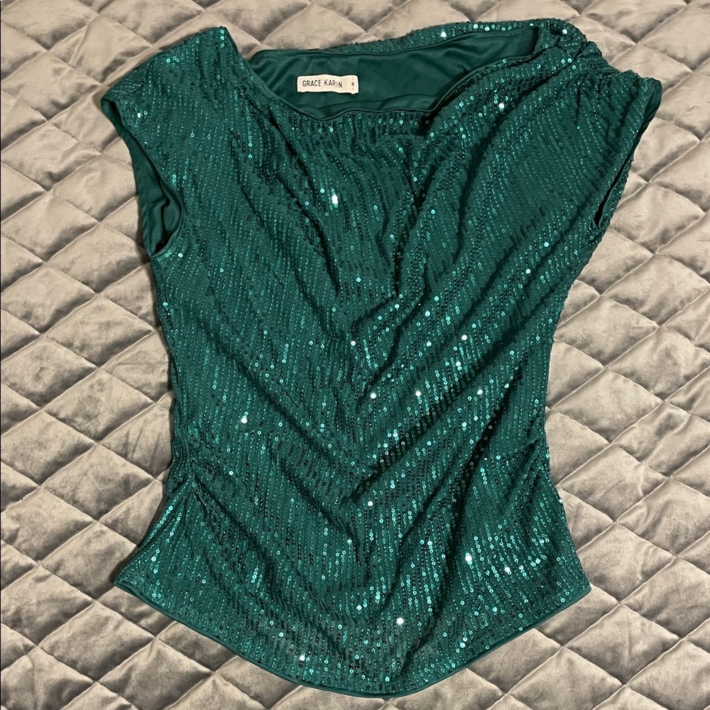 Grace Karin Teal Sequin Blouse